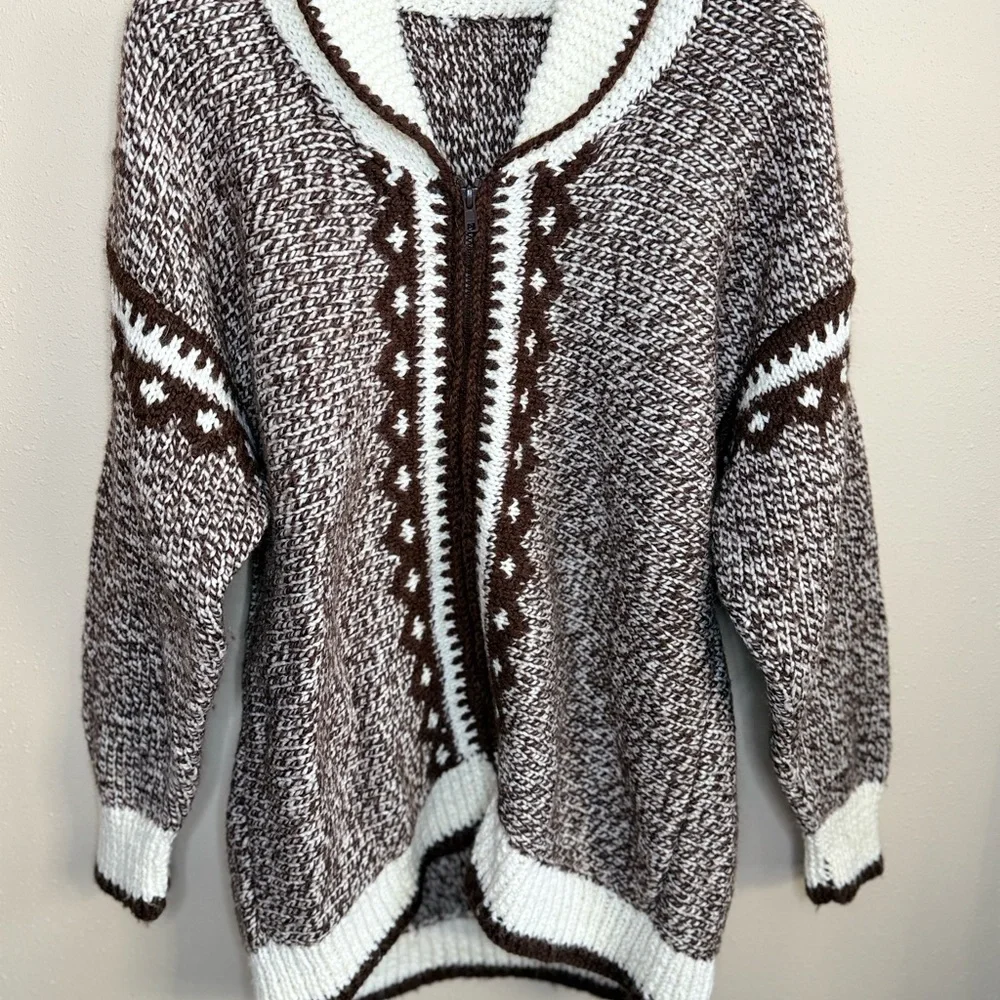 Vintage Hand Knit Lodge Sweater Nordic Zip Cardigan Oversized